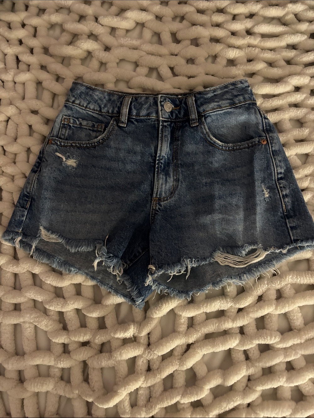 Dynamite Distressed High-Waist Blue Denim Shorts